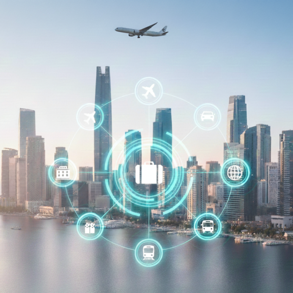 City skyline with digital travel icons representing unified travel commerce platform by easyGDS.